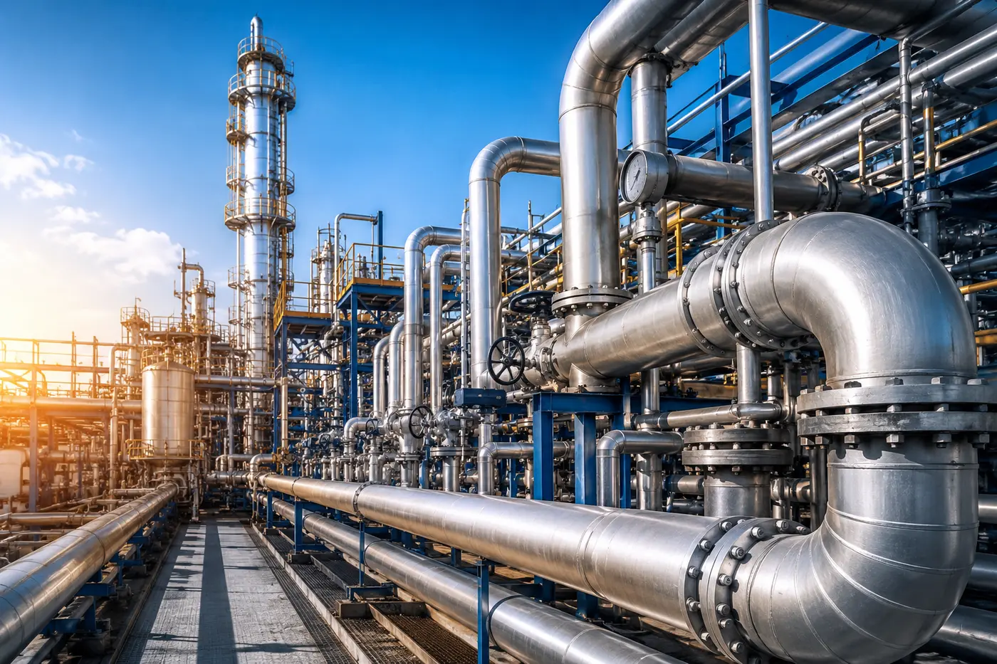Industrial piping and process towers at a plant